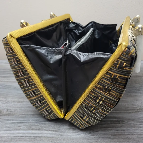 Vintage Stylecraft Black Gold Woven Plastic Handbag MCM - Picture 10 of 12